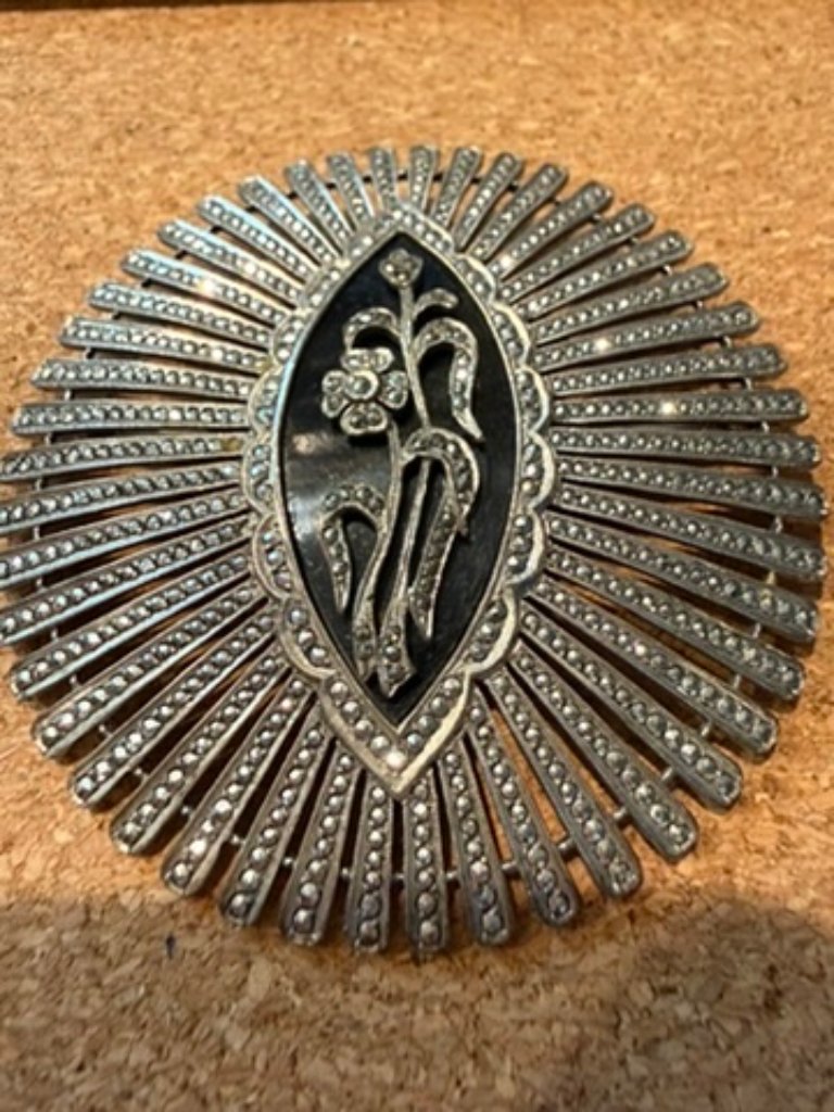 Vintage 1940s Art Deco Marcasite Brooch: Black Onyx Sterling Silver Floral Pin